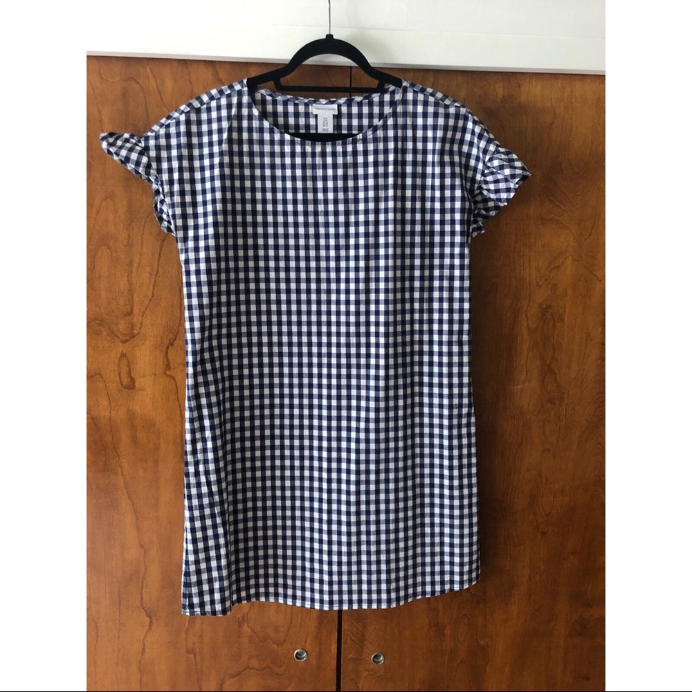 Blue and white checkered pullover box dress